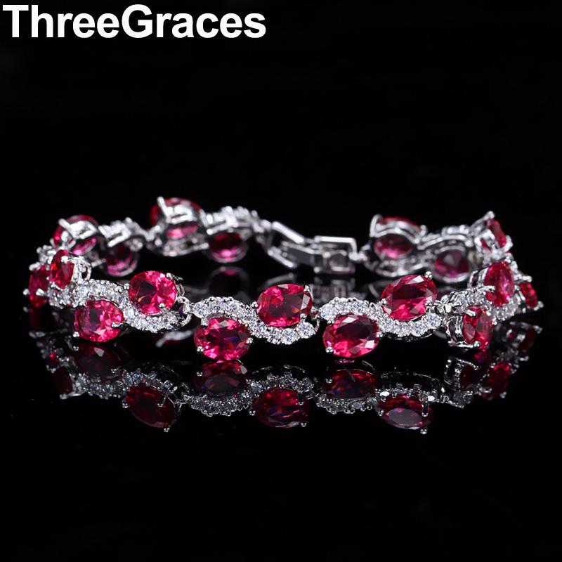 

Charm Bracelets ThreeGraces Brand Rose Red Oval Cut Cubic Zirconia S Shape Link For Women Daily Jewelry Accessories BR002, Golden;silver