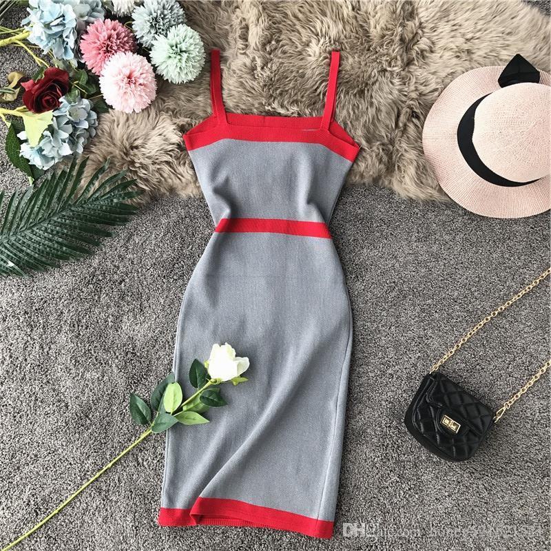 New design women's fashion retro elegant single breasted patchwork spaghetti strap knitted pencil dress color block short dress