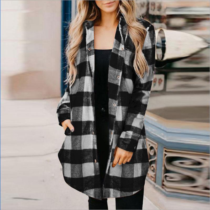 

Women's Trench Coats Women Long Sleeve Casual Plaid Printing Shirts Autumn Female Turn Down Collar Loose Blouse Fashion Ladies Clothes 2021, Tan;black