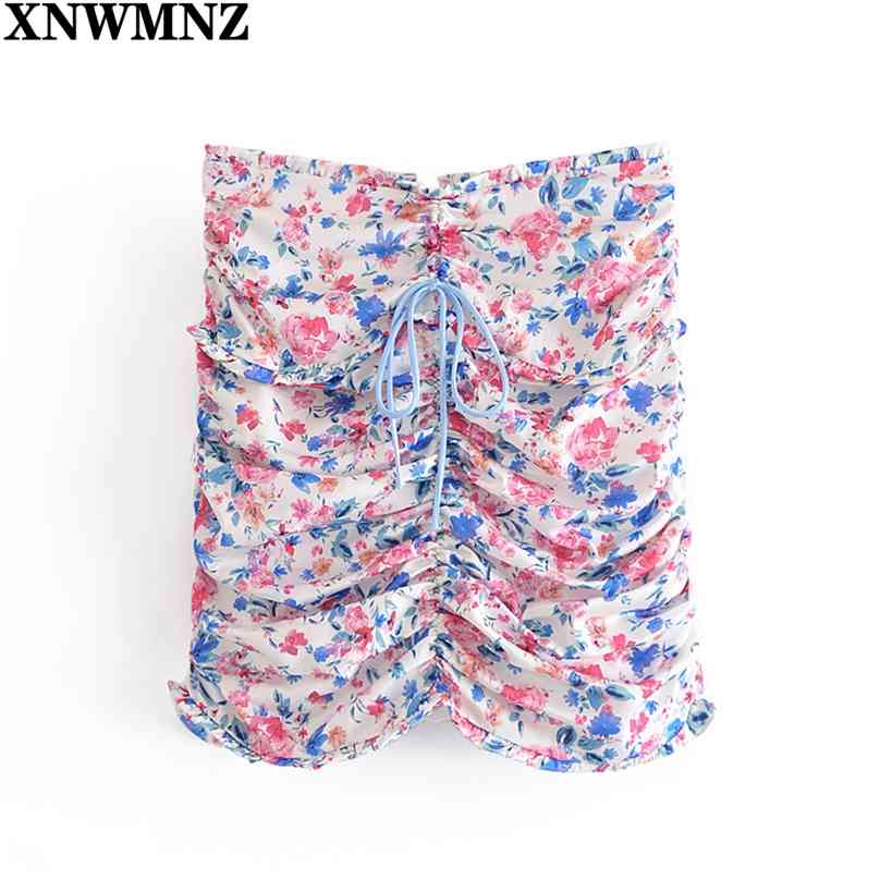 

Sexy Drawstring Draped Print Floral Skirt Women Back Zipper High Waist Mini Jupe Femme Summer Holiday Bohemian 210520, Multi