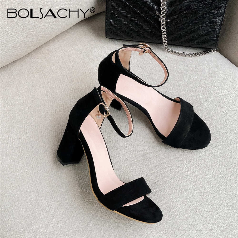

Sexy Pumps For Women High Heels Open Toe Flock Thick Heels Sandals Bridal Ladies Ankle strap Party Shoes Black Apricot Pink Y0721