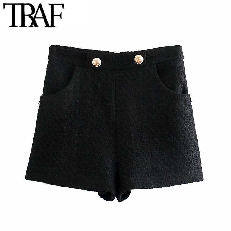 

TRAF Women Chic Fashion Side Pockets Buttons Tweed Bermudas Shorts Vintage High Waist Back Zipper Female Short Femme 210611, As picture
