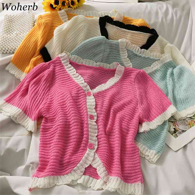 

Summer Elegant Knitted Cardigan Short Sleeve Single-breasted Vintage Tops Korean Outwear Clothes Cardigans Tshirt 210519, White