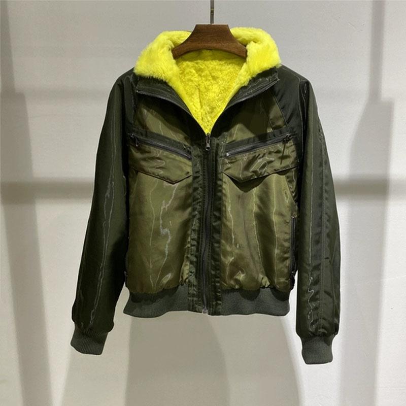 

Women's Fur & Faux Parka Real Women Coat Winter Hooded Yellow Rex Linning Short Jacket Both Sides Warm Clothes Fluorescent Green, Black