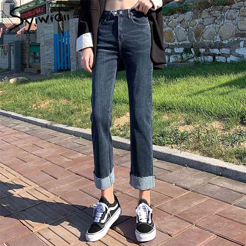 

High Waist Jeans for Women Vintage Streetwear Button Tassel Straight Casual Clothes Bottom Denim Pants Spring Fashion 210607, Blue