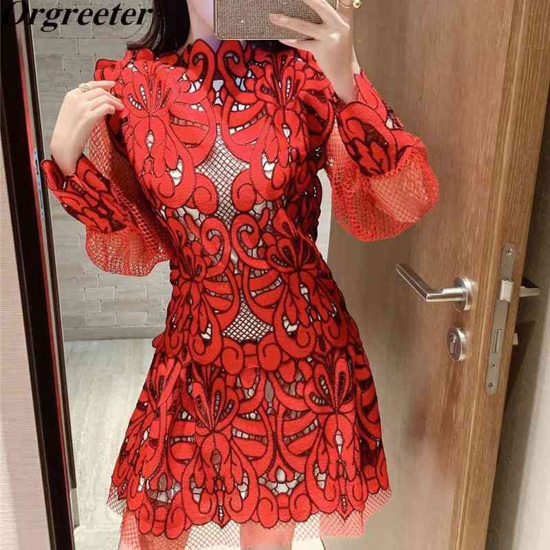 

Year Retro Totem Hollow Out Embroidery Mesh Patchwork Lace Dress Red/Beige Stand collar Lantern Sleeve Party Vestidos 210525