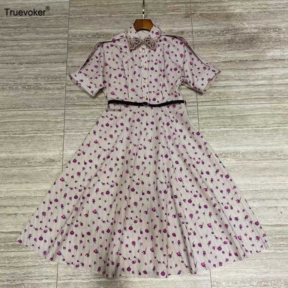 

Truevoker Runway High End Women 100% Cotton Holiday Dress Lady Embroidery Collar Purple Print Midi Mujer Vestidos 210602, Lavender
