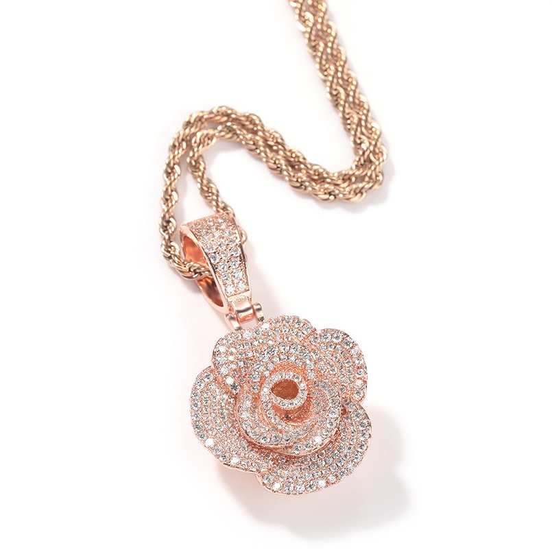 

Rose Flower Necklace Iced Out Pendant Mens Gold Necklace Hip Hop Fashion Jewelry