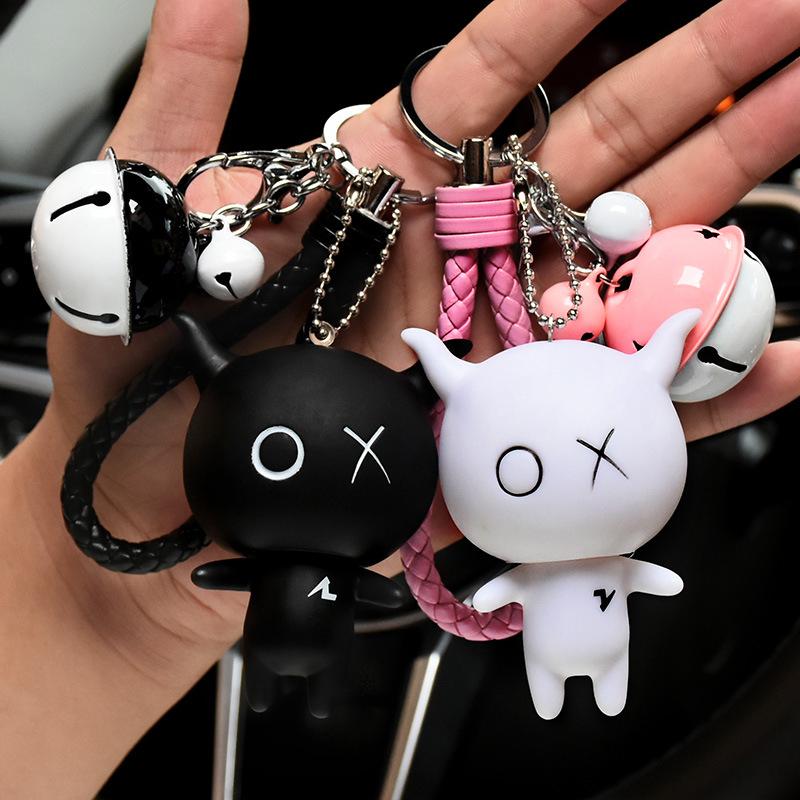 

Keychains Cute PVC OX KeyChain Anime Toys Key Chain Holder For Car Chains Fur Pompon Keyrings Jewelry Bag Charm Leather Rope Llavero