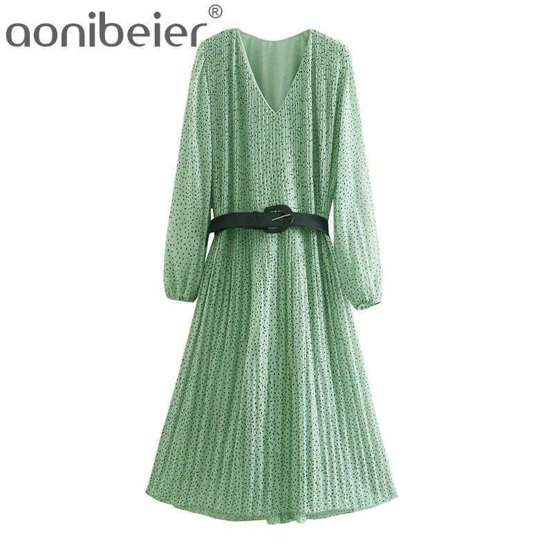 

Pleated Dress Dot Print Women V-Neck Long Sleeve Casual Midi es Fresh Green Swing Chiffon with Belt Female 210604, 01