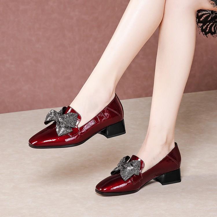 

2021 Women Pumps Autumn Spring Soft Cow Leather Square Toe Black Color Bow-tied High Heels Lady Shoes Size 42 Party1