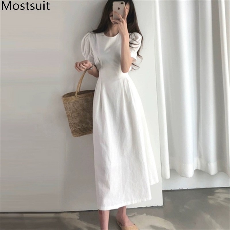 

Summer Korean Vintage Solid Long Dress Women Puff Sleeve O-neck Sashes Belted Casual Fashion Dresses Vestidos Femme 210518, White