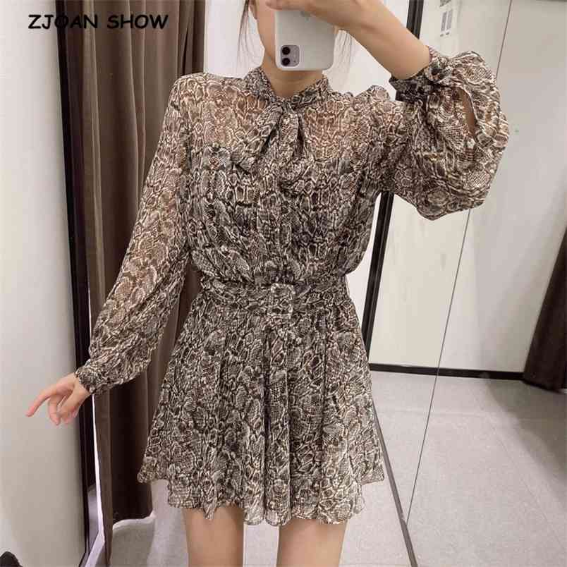 

Retro Animal Snake Print Long sleeve Dress Women Tie Bow Collar With Buckle Belt Mini Short Shirt Dresses Femme Vestido 210429, Sky blue