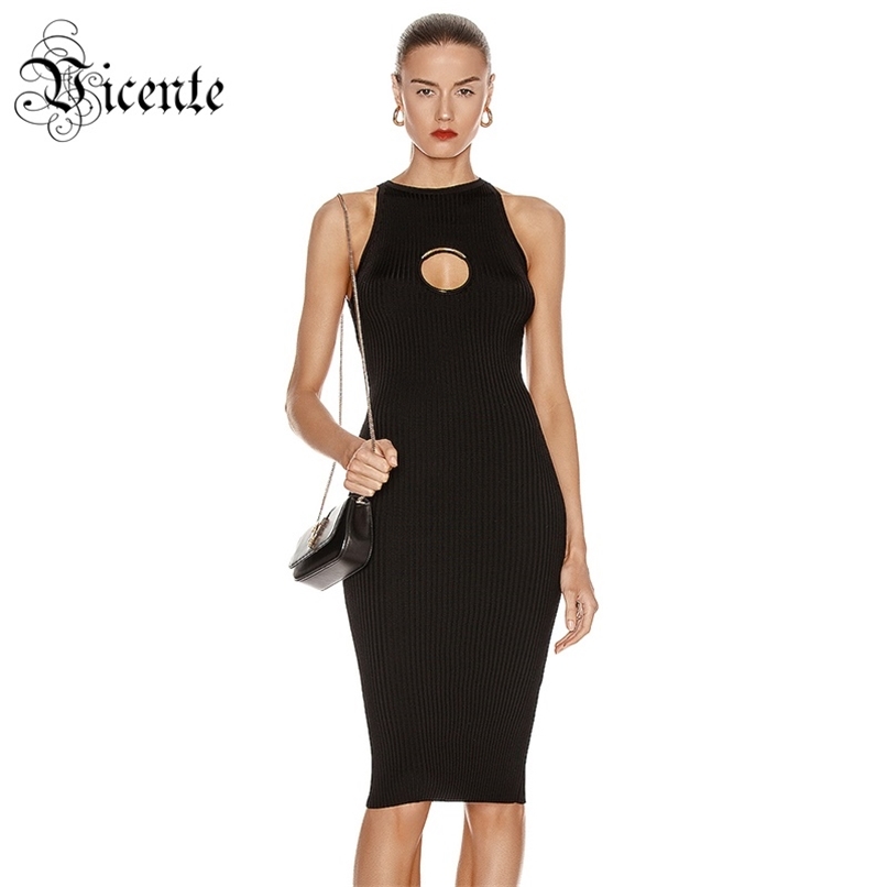 

Trendy Circle Hollow Out Design Knee Length Dress Sexy Sleeveless Celebrity Party Club Bandage Vestido Free 210520, Black