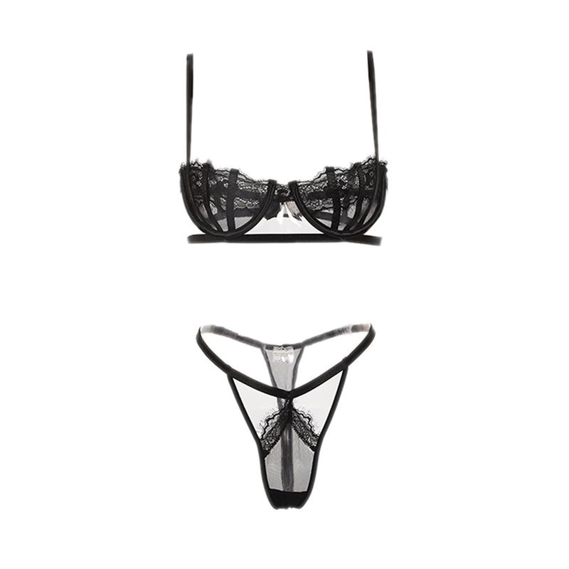 

Bras Sets Women Sexy Lingerie Lace Mesh Hollow Out Strap Bra G-string Two-piece Underwear Set Black Temptation Sleepwear Exotic
