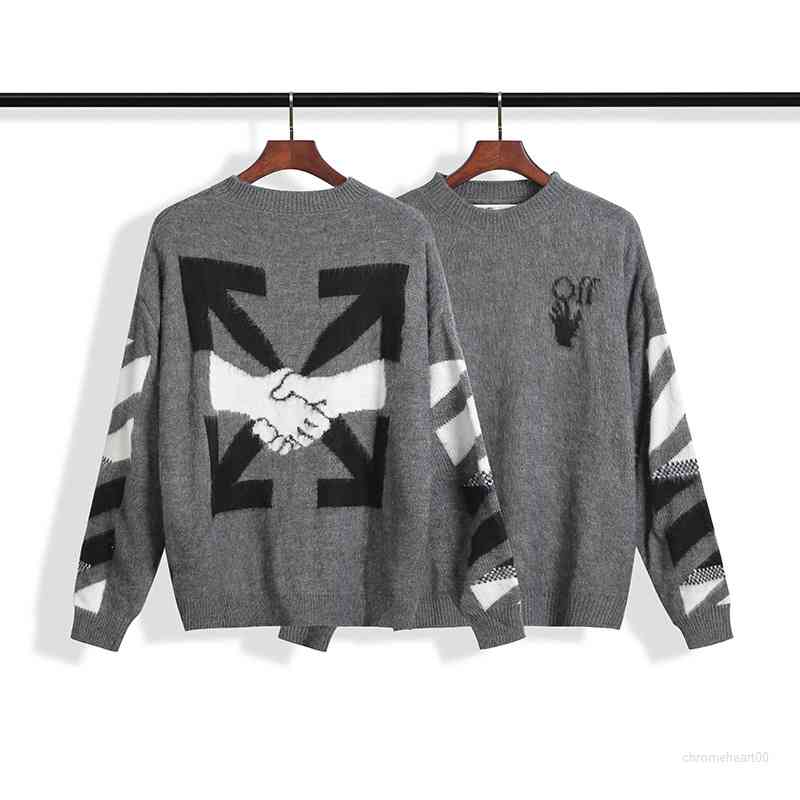 

Men's Hoodies Sweatshirts High Quality Correct Version Off- Wh@e Mohair Dark Gray Handshake Pattern Knitted Sweater Batch