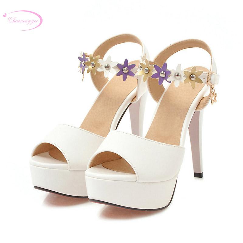 

Chainingyee Nightclub Style Sexy Peep Toe Summer Sandals Belt Buckle Rivets Mixed Color Flower Platform High Heel Women's Shoes, Black