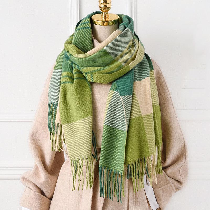 

Scarves 2021 Winter Plaid Cashmere Scarf Women Warm Tassels Shawl And Wrap Designer Brand Wool Stole Female Blanket, Blue;gray