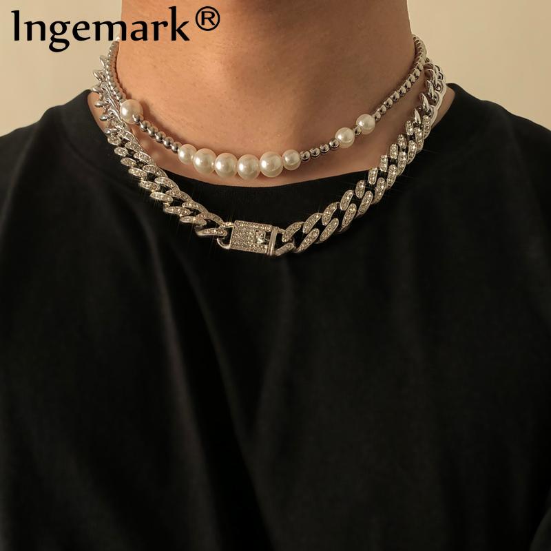 

2Pcs/Set Luxury Iced Out Rhinestone Chain Fashion Punk Simulated Pearls Choker Necklace Women Man Miami Cuban Collier Bijoux Pendant Necklac