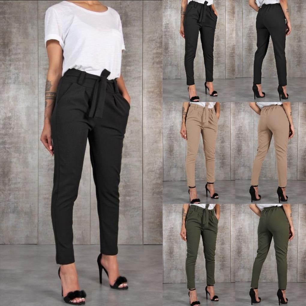 

plus size fashionable and versatile women capri waistband casual bottoms belt trousers, Black;white