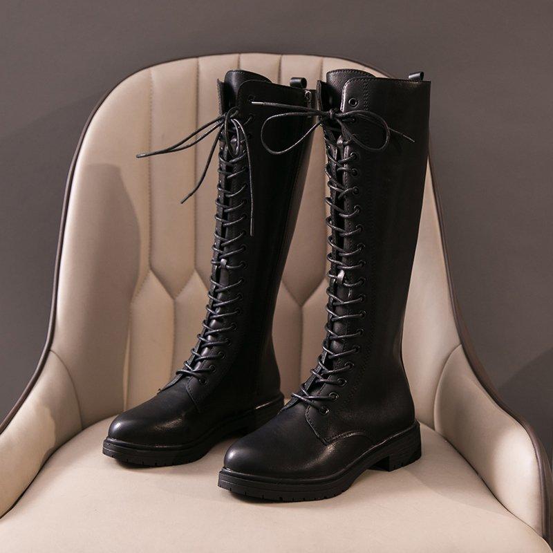 

Boots Thigh High Flat Women Lace Up Black Thick Sole Autumn Winter Arrival Fashion Leather Dress Platform Shoes