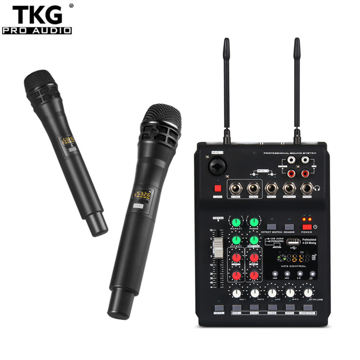 

TKG MB-02 UHF dual channel wireless microphone audio mixer set with USB BT5.0 reverb for Smartphone recording karaoke KTV sound system