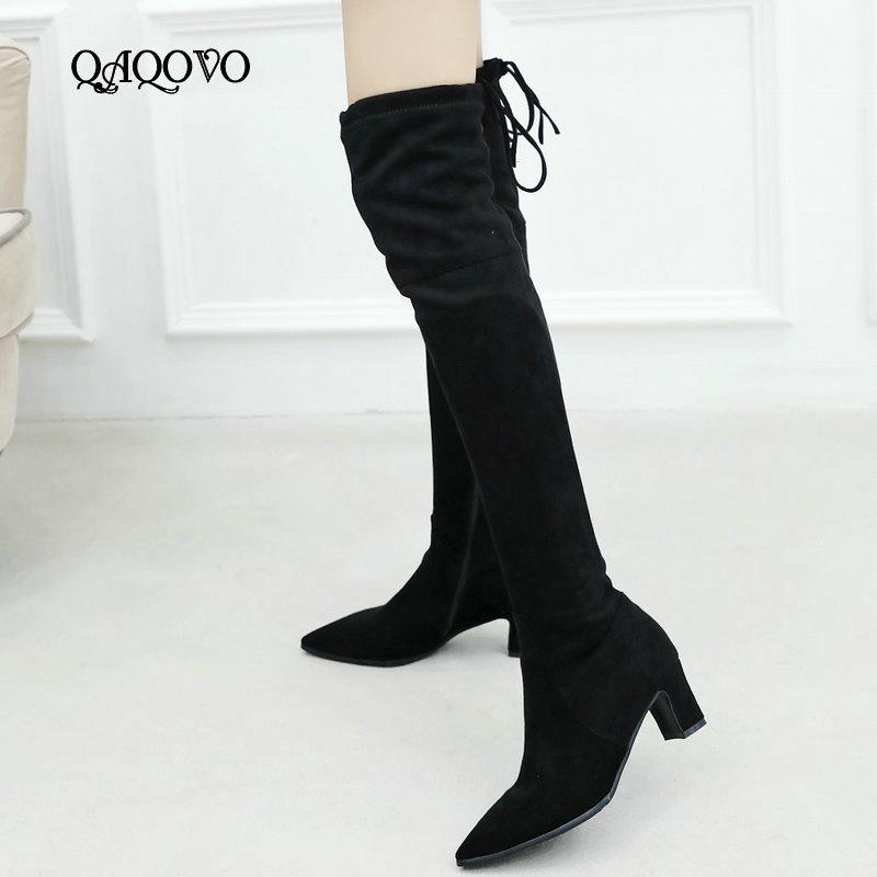 

Boots 2021 Over The Knee Women Flock Leather Square High Heels Thigh Fashion Pointed Toe Zipper Winter Ladies Shoes, Black