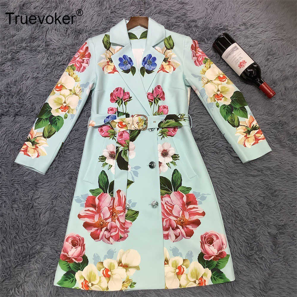 

Truevoker Spring Runway Designer Trench Coat Women's Long Sleeve Turn Down Collar Floral Print Outerwear 210602, Sky blue
