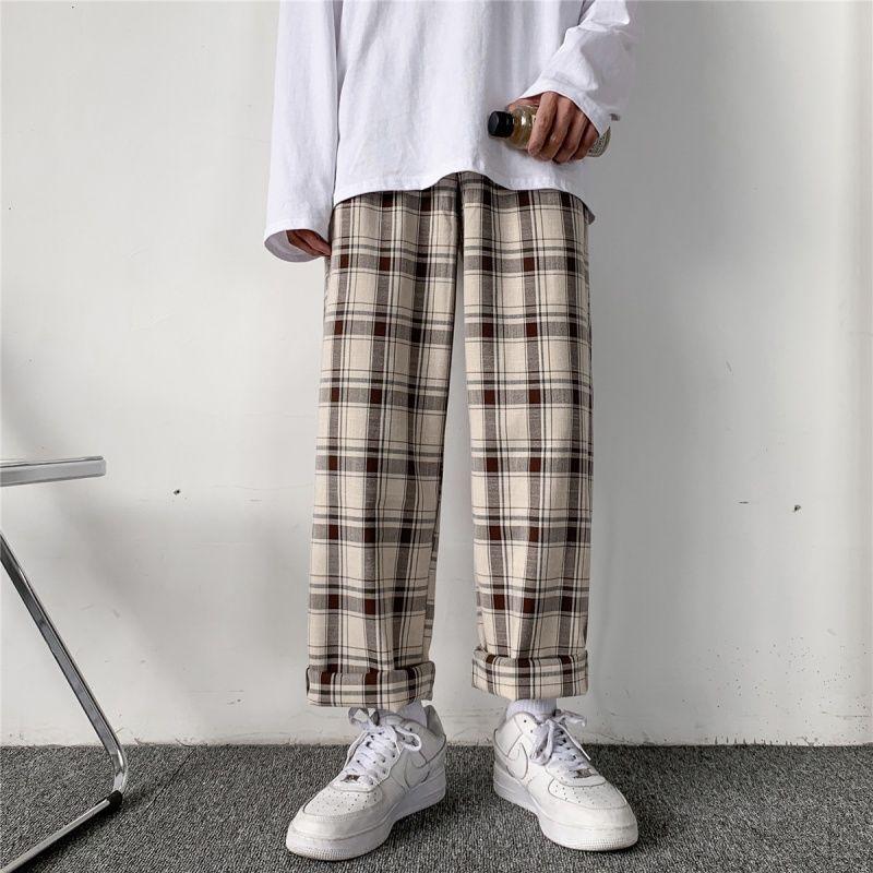 

Men' Pants Autumn Plaid Fashion Retro Casual Mens Streetwear Loose Hip-hop Drawstring Straight Men Trousers, Mibaige