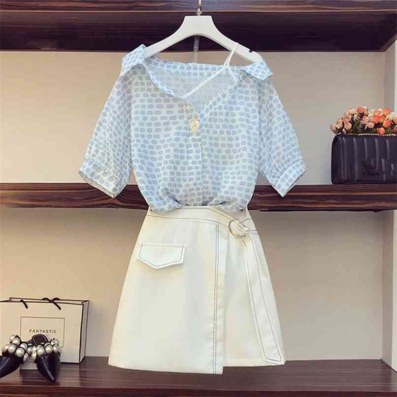 

Irregular Design Temperament Fashion Korean Off shoulder Dot Printted Chiffon Blouse Tops and Pearl Lacing Asymmetry Skirt Suits 210602, Blue