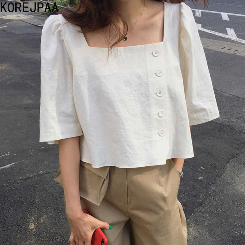 

Korejpaa Women Shirt Summer Korea Chic French Simple Square Collar Exposed Clavicle Side Single-Breasted Puff Sleeve Blouse 210526, White