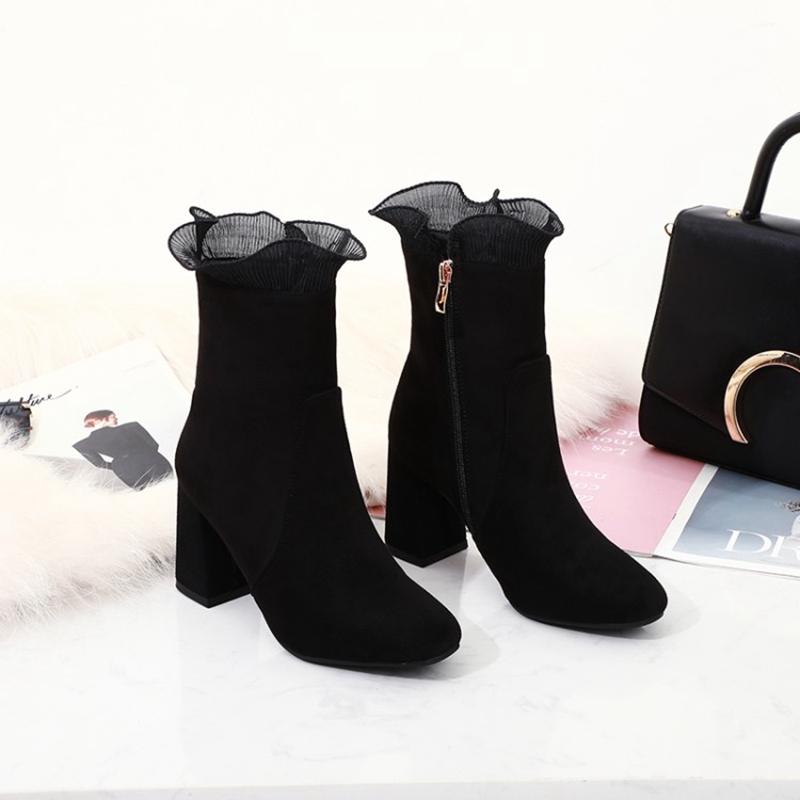 

Boots Ankle For Women Autumn Winter Thick Heel Zipper Female Wedding Party Lace Botas Mujer High-heel Quality Shoes 902-4a, Black