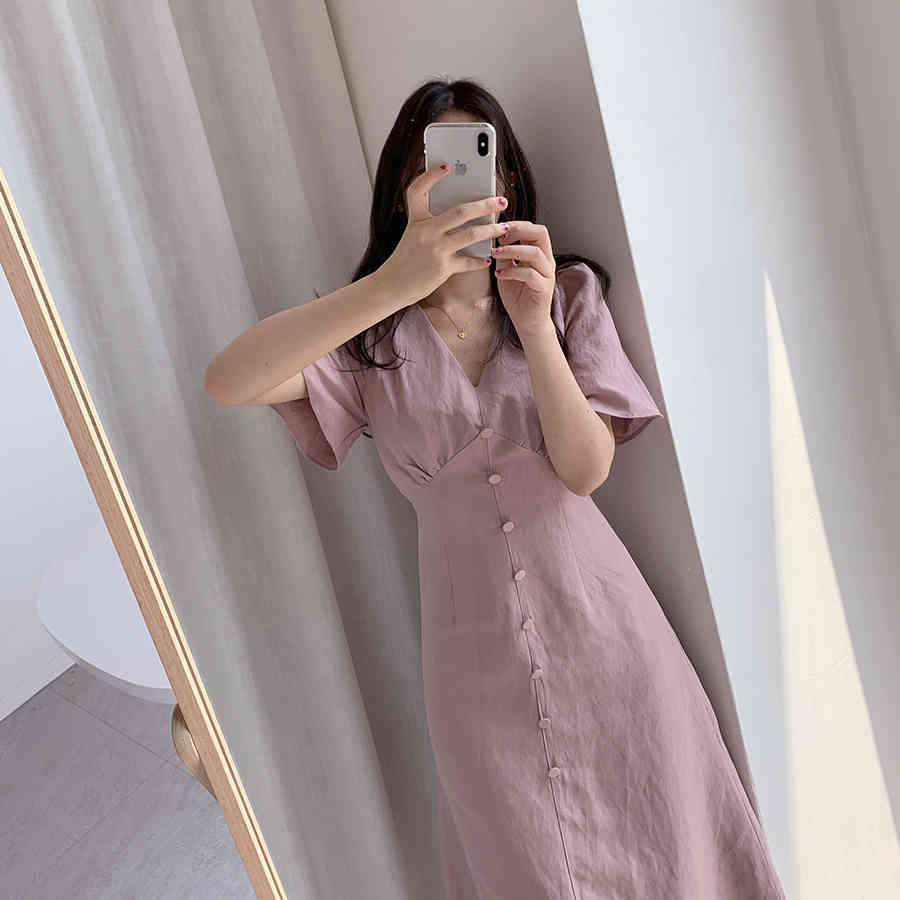 v neck sexy buttons Plus size Summer Girls Boho Party Female Vintage Dress solid Short Sleeve Women Dresses Robe Vestido 210417Z