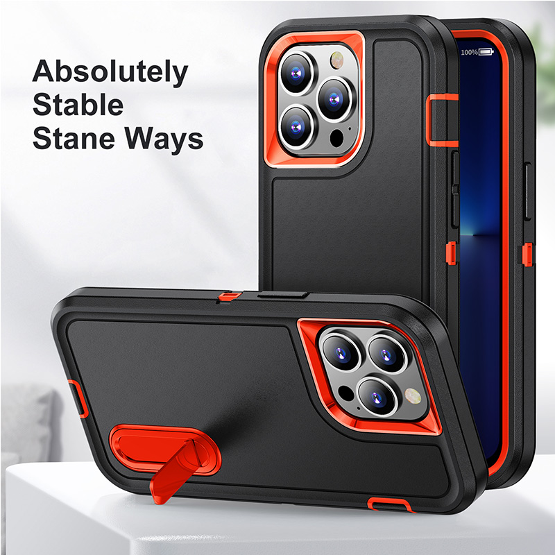 

TPU Hard PC Three In One Cell Phone Cases With Kickstand Shockproof Commuter Case For iPhone 13 Pro Max 12 Samsung Galaxy S22 Ultra Cover, #1 black+black
