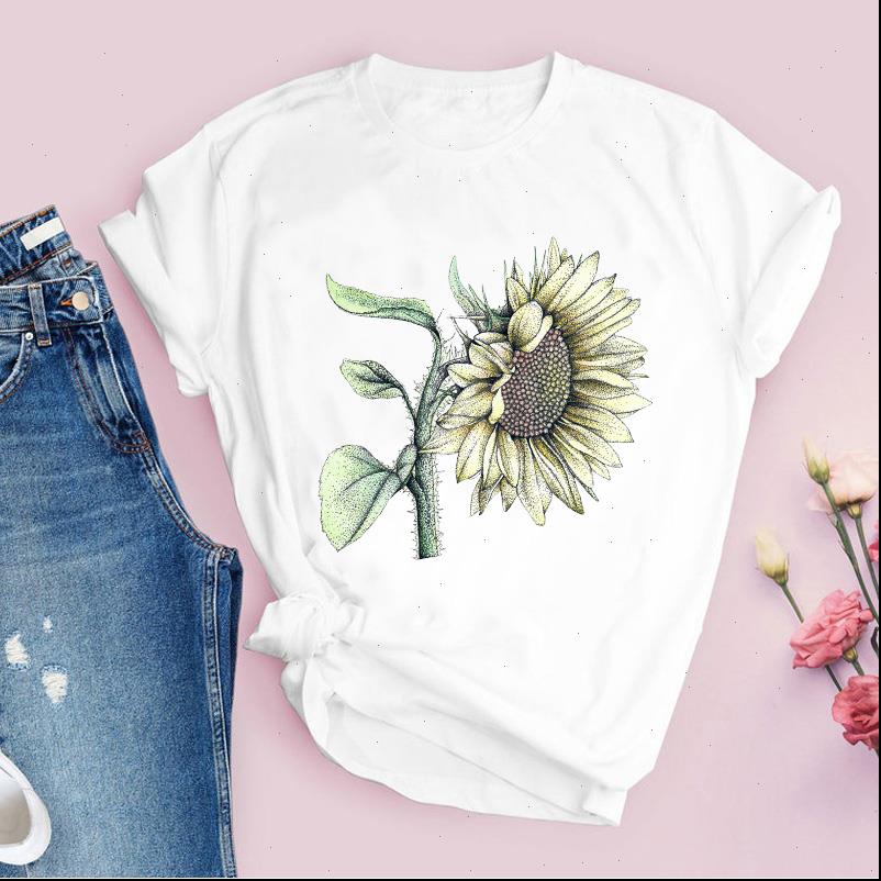 

women printing vintage cartoon sunflower womens t shirts graphic flower floral print lady tees clothing female shirt, White