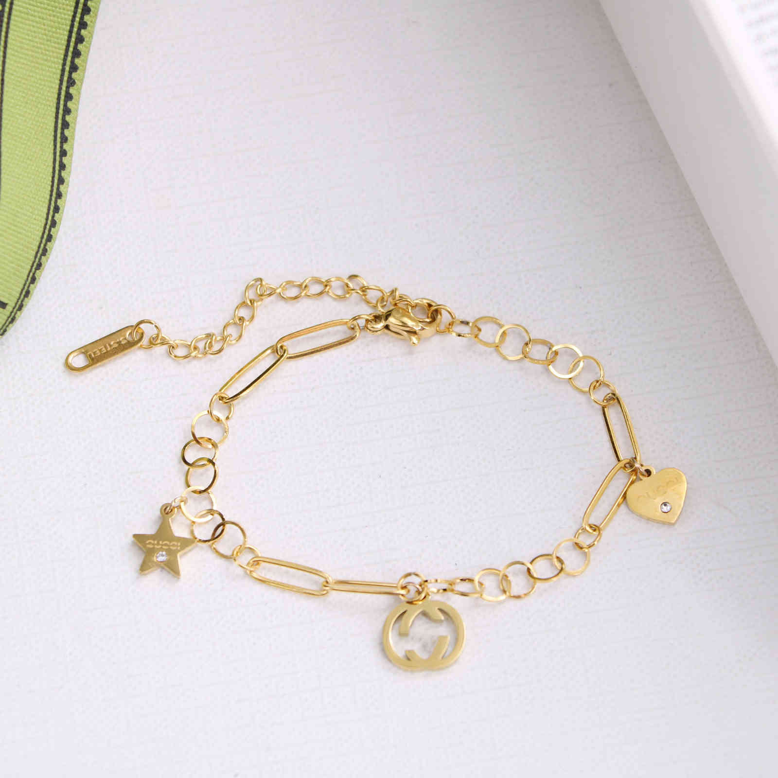

Decoration titenium Steel g Family Ancient Double Round Five Pointed Star Splicin Chain Bracelet Fashion Personality Niche Desin, Golden;silver