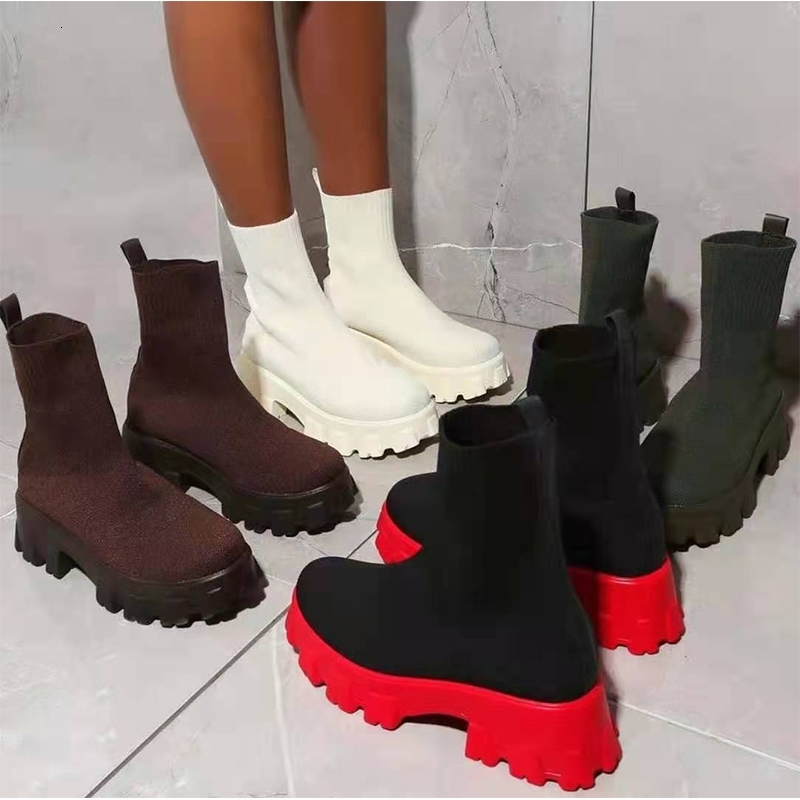 

Ankle Sock Stretch Boots Designer Chunky Platform Snow 2021 New Winter Warm Fashion Mid Heels Knitting Chelsea Women Shoes, Black