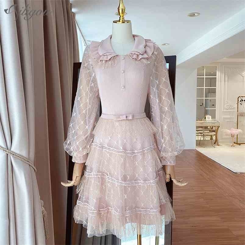 

Winter Young Elegant Retro Woman Mesh Dress Lapel Lantern Sleeve Lace Ruffled Midi Party Vestidos 210525, Black