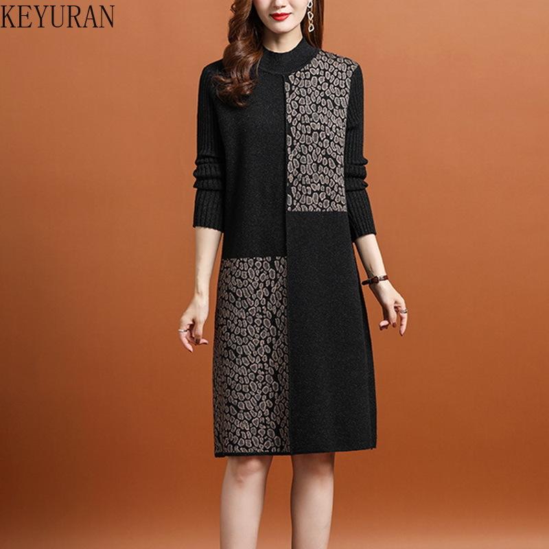 

Casual Dresses 2021 Women Thicken Knit Dress Autumn Winter Loose Leopard Patchwork Half High Neck Elegant Sweater Female Vestidos, Photo color