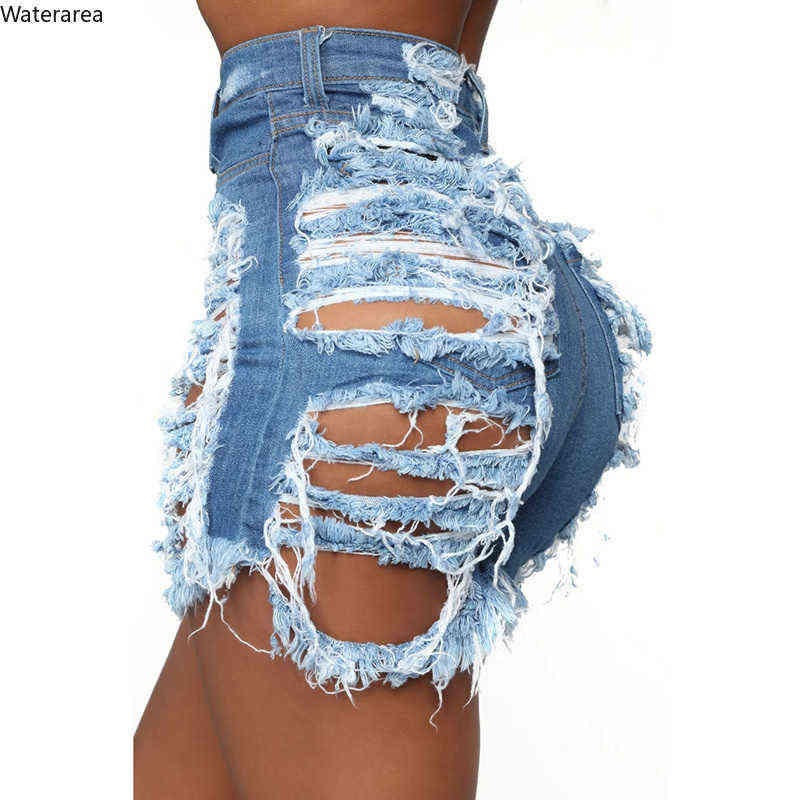

Plus Size S-5XL Women Summer High Waist Zipper Fly Hollow Out Sexy Hole Denim Shorts Casual Tassel Hem Short Jeans 211129, Sky blue