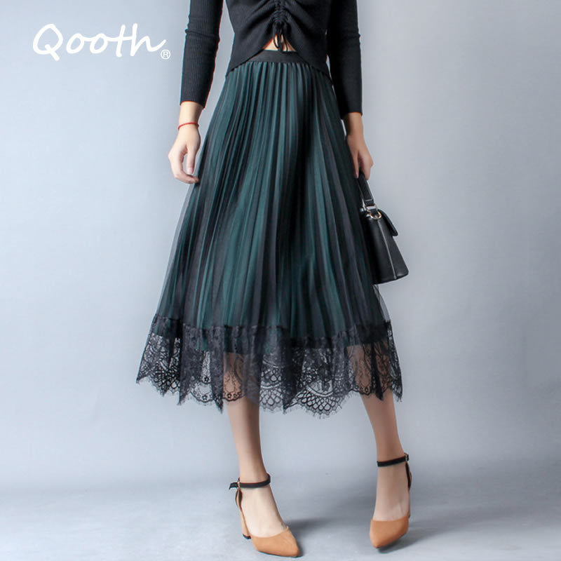 

Qooth Autumn Summer Lace Patchwork Trendy Women Skirts All-match Tulle Pleated Skirts Tutu Midi Skirts With Lining QT157 210518, Beige