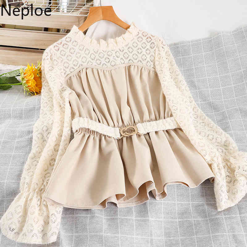 Neploe Blusas Mujer De Moda Lace Patchwork Shirts Pleated Slim Waist Blouses Women Flare Sleeve Elegant Blouse Tops 4G374 210422