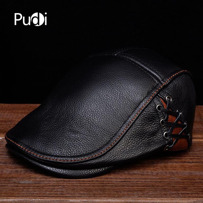

Berets Pudi Men Women Beret Hat Geunine Leather Unisex Bucket Caps HL111, Brown