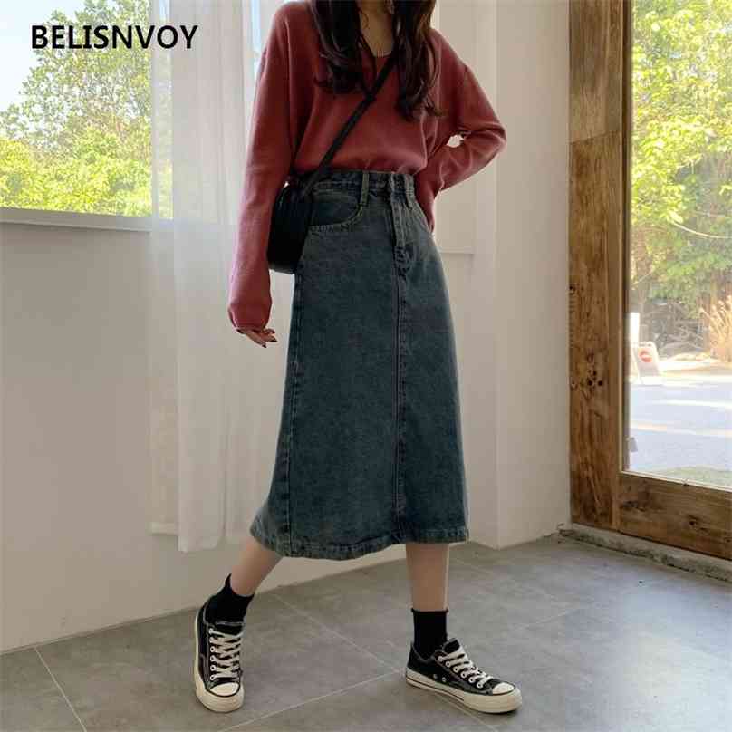 

Spring Summer Denim Skirts For Women Elegant A-Line Korean Style High Waist Washed Split Jupe Femme Chic Midi Skirt Streetwear 210520, As the photo