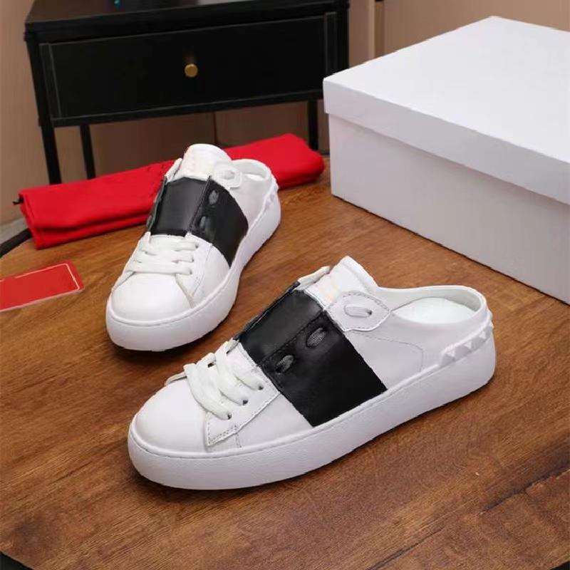 

Genuine Leather Casual Shoes Women Slippers Mixed Color Rivets Decor Ladies Leisure Shoes Luxury Brand Designer Chic Woman Shoe, Black