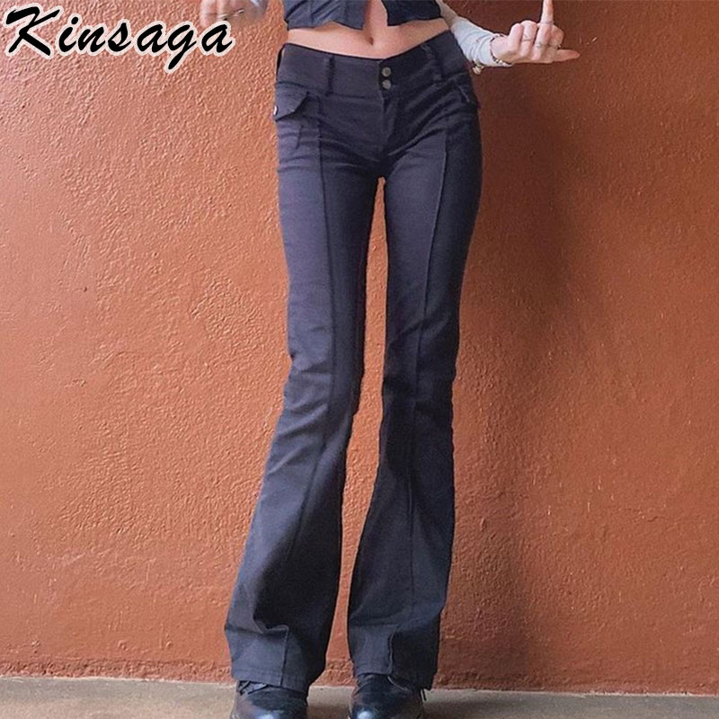 

vintage black low rise striped flare denim pants mall goth indie aesthetic pockets patchwork jeans women y2k wide leg trousers