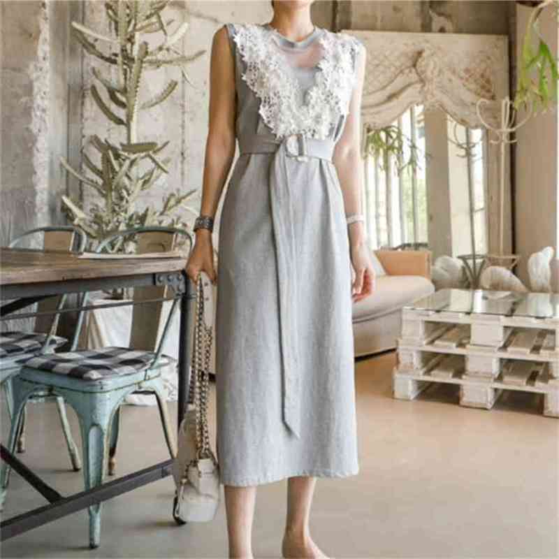 

Korean Elegant Women Casual Dress Summer Sexy O-Neck Lace Patchwork Sleeveless Midi With Belt Female Vestidos 210519, Photo color