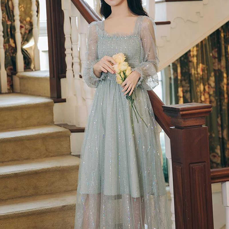 

Vintage French Sequins Dress Sweet Long Sleeve Women Party Fairy Spring Elegant Evening Wedding Clothes Y2k 210604, Green sequin dress