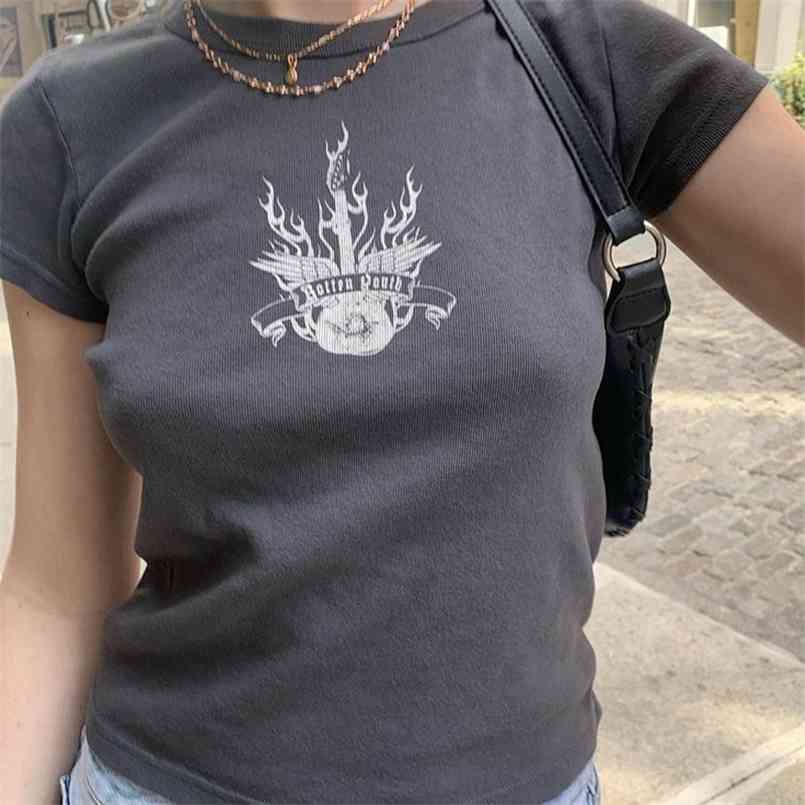

Vintage Graphic Print T Shirt Women Streetwear Round Neck Short Sleeve Slim Cotton Tshirt Tops Femme Summer Casual Y2k T-shirts 210708, Black-gray