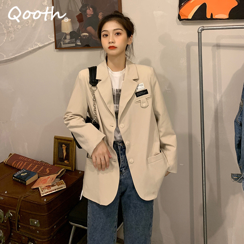 

Qooth Solid Single Breasted Long Sleeve Blazer Loose Causal Spring Autumn Blazer All Match Office Lady Blazer with Pockets QT708 210518, Beige